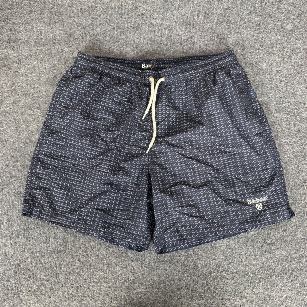 Barbour Mens Small Navy Blue Wave Print Swim Trunks Shorts Mesh Lined Beach